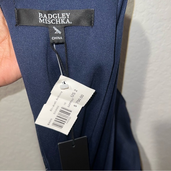 NWT Badgley Mischka Mock Neck Sapphire Sequined Gown with Belt - Picture 6 of 6